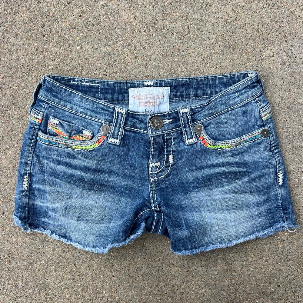 Y2K Liv Colorful Boho Embroidered Cut Off Micro Mini Blue Jean Shorts Size 25
